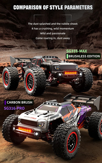 Zwart met rode accenten RC terreinwagen met grote, groefde banden en LED-verlichting, inclusief stuur, batterijen en draagtas voor off-road speelplezi