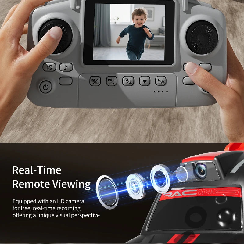 Zwart en witte raceauto’s met HD-camera’s en rood-witte strepen, bediend via een draadloze controller met scherm. Perfect voor kinderen die racen en l