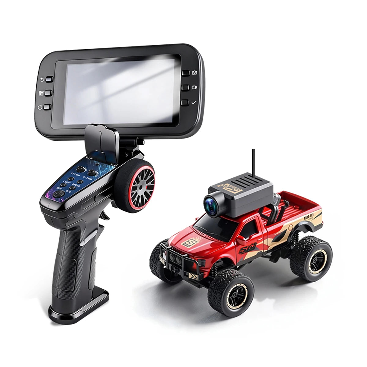 Rode 1:64 schaal RC off-road pick-up met camera op het dak, voorzien van VR-bril ondersteuning en app-besturing voor avontuurlijke terreinrijden. - Fo