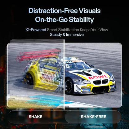 Zwart XREAL One Pro smartbril met glanzende lenzen en zichtbare merknaam, uitgerust voor AR-ervaringen. Geschikt voor virtuele realiteit en mobiele in