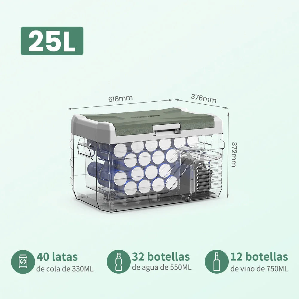 Grijze Alpicool koelbox met 25L capaciteit, gevuld met frisse fruit en Budweiser bierkanen, ideaal voor kamperen en picknicks. Robuust ontwerp met zic