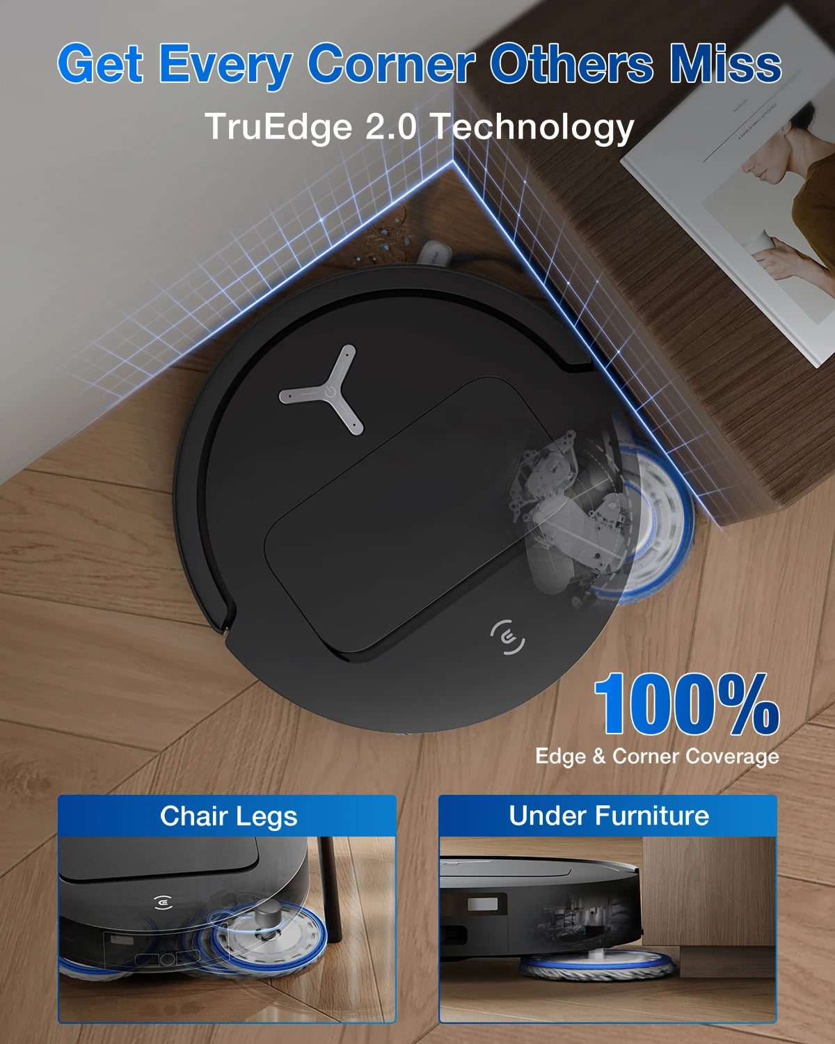 De Ecovacs robotstofzuiger met zwart glanzend ontwerp en blauwe mop, klaar voor automatische vloerreiniging. Modern design met waterreservoir en stofb