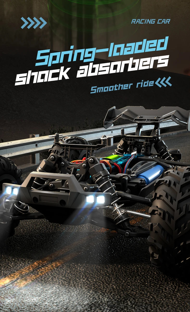 Zwart Rigid off-road RC-raceauto met rode velgen en LED-verlichting, uitgerust met 3 blauwe batterijen, stuurcontroller en opbergzak voor terreinrijde