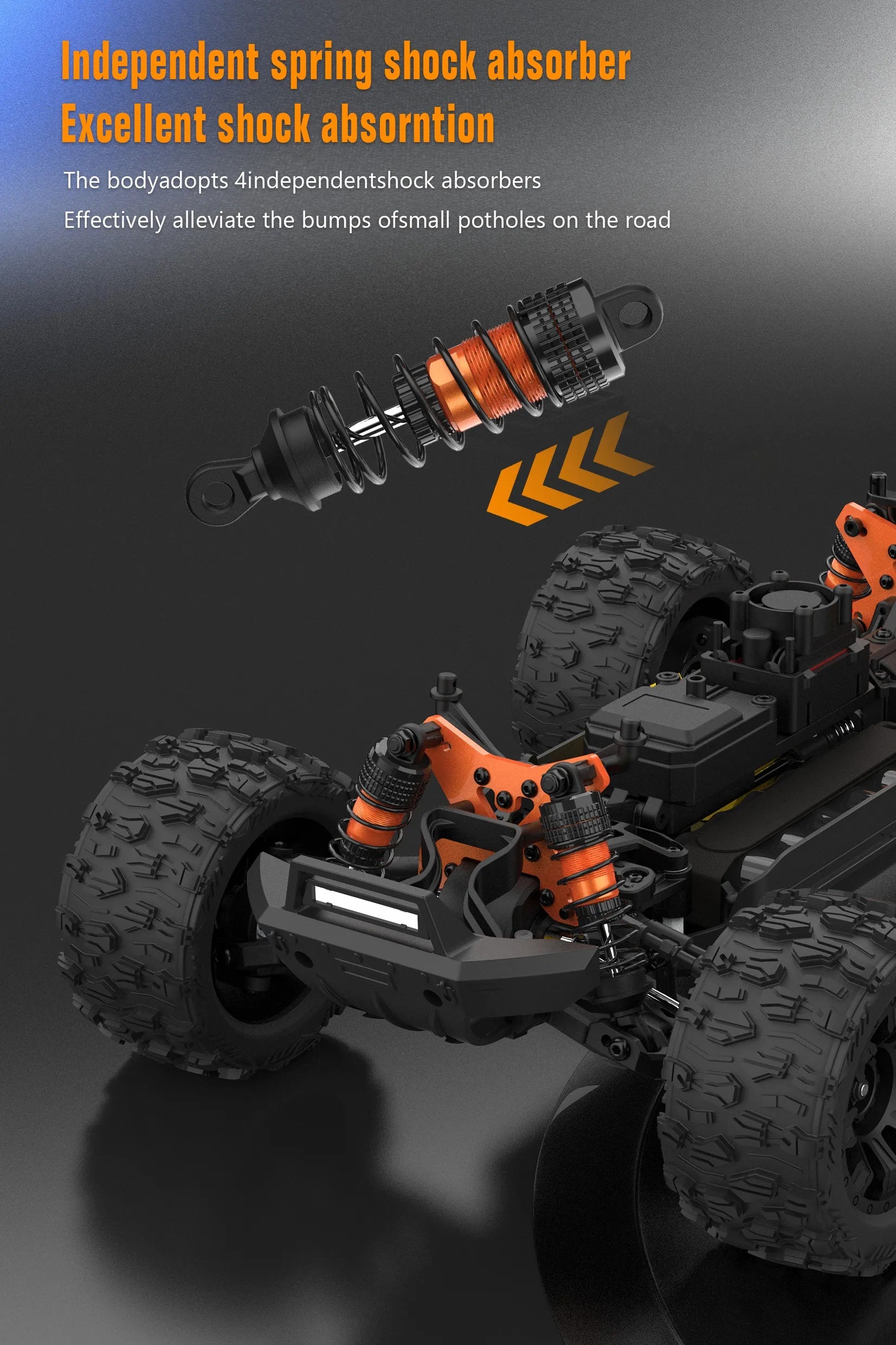 Blauwe JIUSI MT14R 1/14 RC-raceauto met zwarte banden en “STORM”- en “THUNDER”-afbeeldingen, geschikt voor speelgoedraces en buitenactiviteiten. Perfe