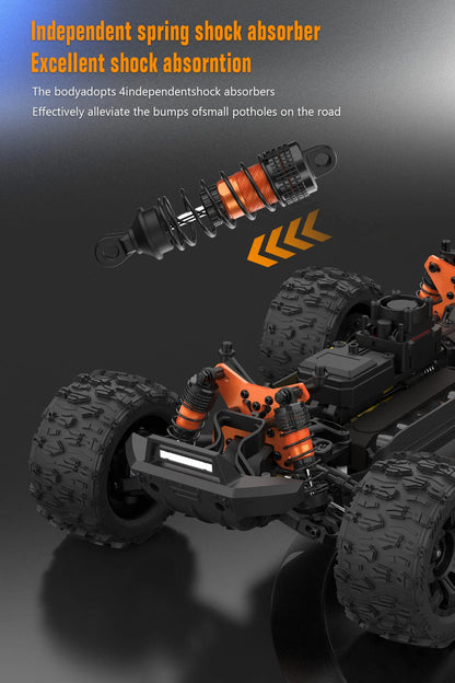 Blauwe JIUSI MT14R 1/14 RC-raceauto met zwarte banden en “STORM”- en “THUNDER”-afbeeldingen, geschikt voor speelgoedraces en buitenactiviteiten. Perfe