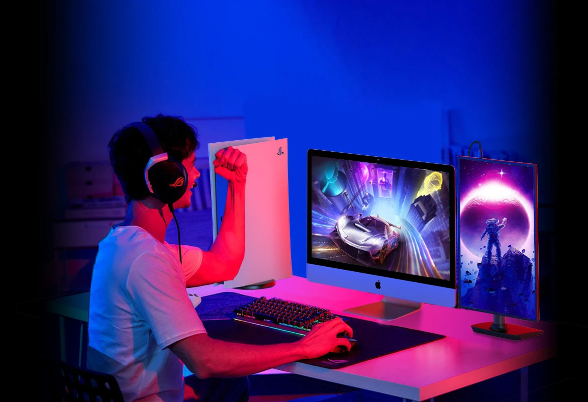 Een 16-inch QLED-scherm met 2.5K Quad HD resolutie en 120Hz, uitgerust met een 16:10 verhouding, perfect voor gaming en streamen. Zwart frame met text
