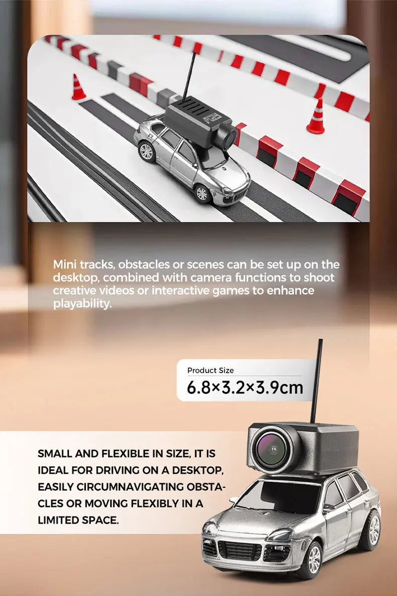 Een 1/64 schaalmodel auto met een zwarte camera en antenne op het dak, getoond in zilver, geel en roze, geschikt voor speelgoed- en verzamelaarsdoelei