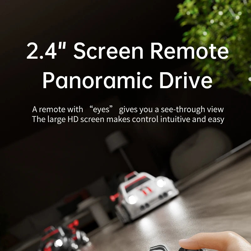 Zwart en witte raceauto’s met HD-camera’s voor live-uitzending, gestuurd via een draadloze controller met touchscreen. Perfect voor kinderen en raceli