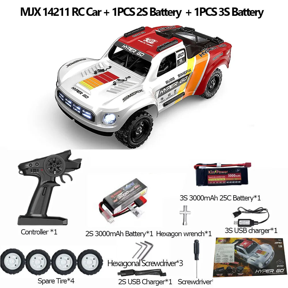 Rood-wit RC pick-up truck met blauwe LED-verlichting, zwarte banden en zichtbare 'HYPER GO' logo’s, inclusief zwarte stuurcontroller en 3S/2S batterij