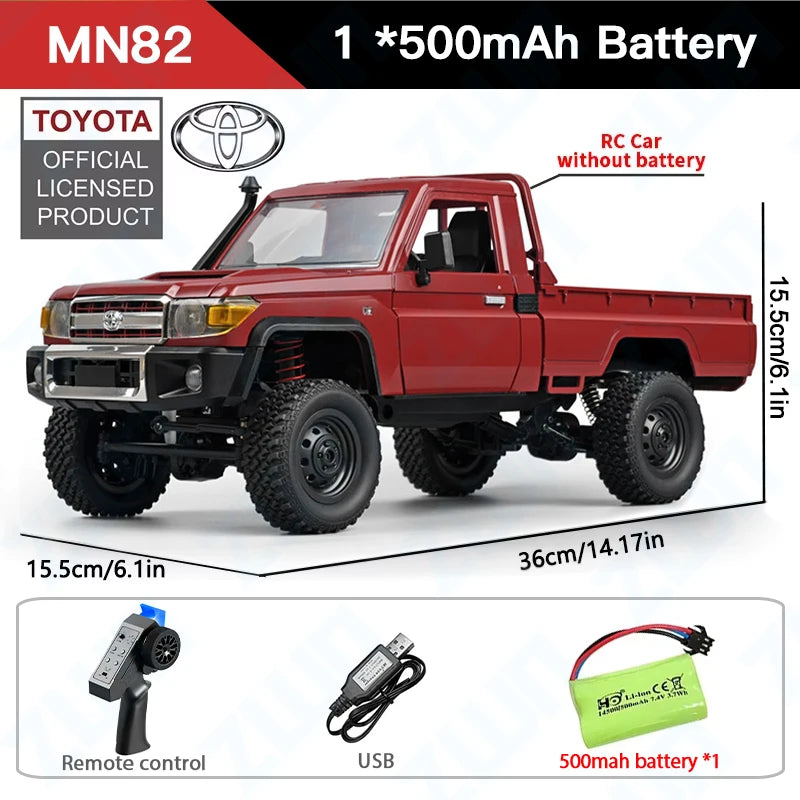 De ZWN MN82S 1:12 RC Toyota Land Cruiser in bruin, met zichtbare zware banden en antenne, staat op rotsachtig terrein. Officieel licentieproduct voor 