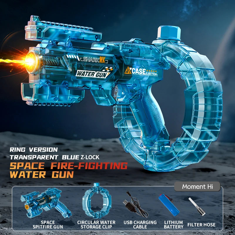 De elektrische waterpistool Shark MK-1 heeft een transparante, futuristische uitvoering met een donkerblauwe grip en een opvallende rode uitlaat. Het 