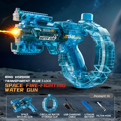De elektrische waterpistool Shark MK-1 heeft een transparante, futuristische uitvoering met een donkerblauwe grip en een opvallende rode uitlaat. Het 