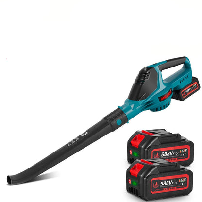 Een bladzager met blauw-zwart lichaam en zwarte slang, uitgerust met twee 588V batterijen, geschikt voor tuin- en bouwprojecten. 5500W motor voor krac