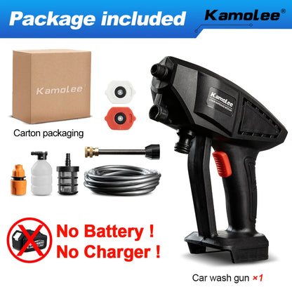 De Kamolee high pressure car wash gun met 388V Li-ion accu, zwart met rode accenten, staat naast haar opbergkoffer voorzien van slang en accessoires, 