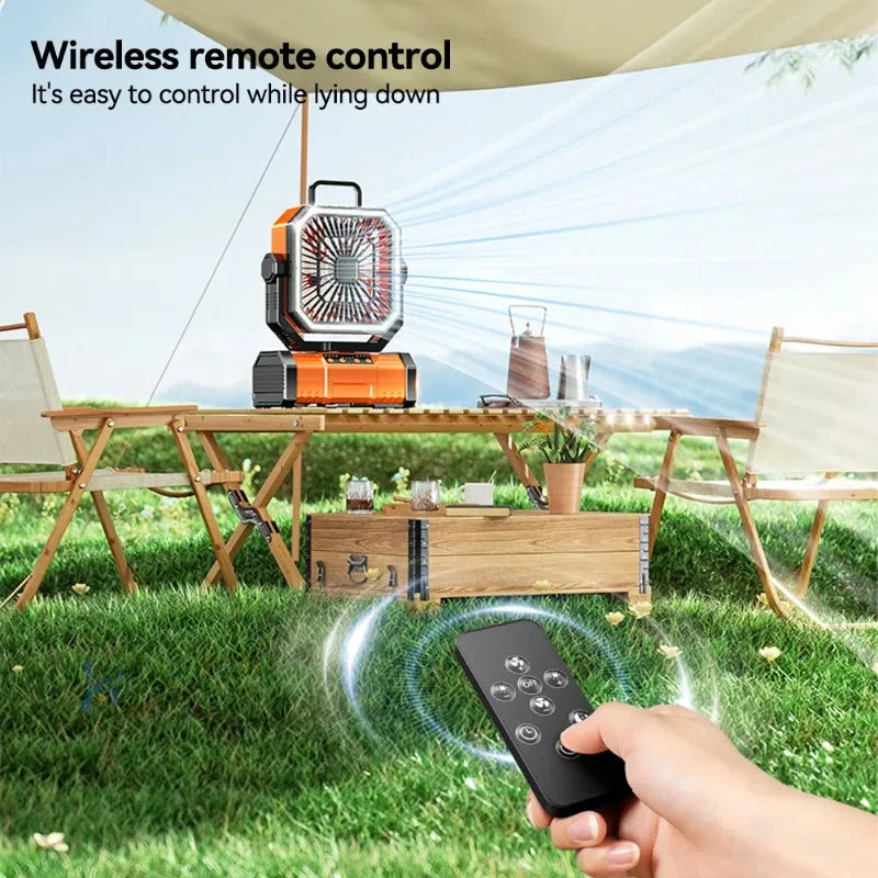 Oranje noodstroomvoorziening met USB-C oplaadpoorten, geschikt voor kampeer- en reisgebruik. Zichtbaar op een houten tafel met laptop en smartphone, m