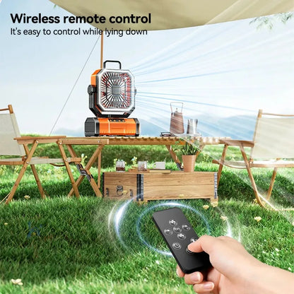 Oranje noodstroomvoorziening met USB-C oplaadpoorten, bedoeld voor outdoor-gebruik. Zichtbaar op een houten tafel met laptop en smartphone, geschikt v