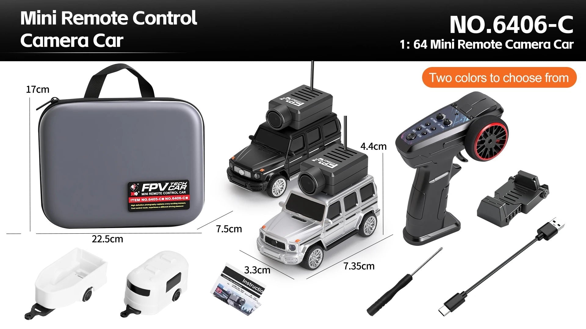 Mini camera-voertuigen in zwart, zilver, oranje en lichtblauw, elk met een zwarte camera op het dak, inclusief stuurunit en USB-kabel voor speelgoedau