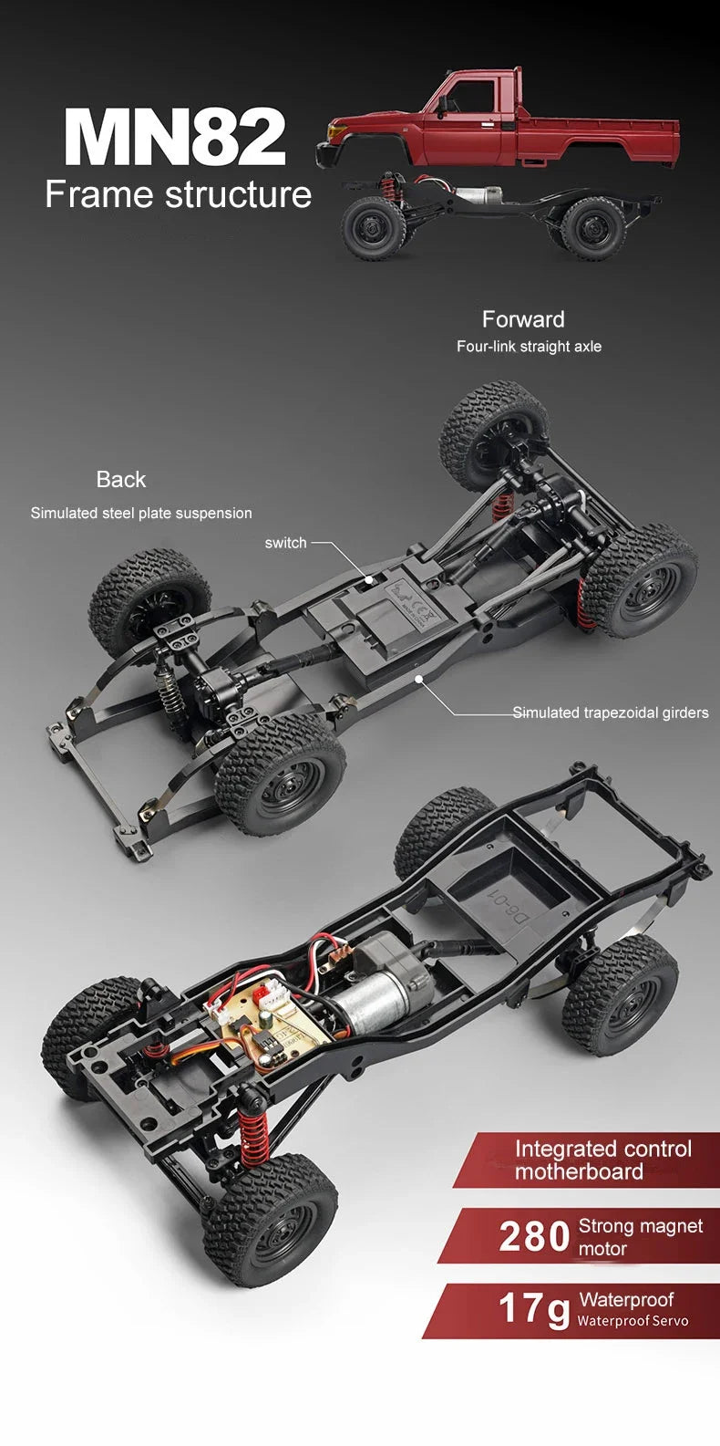 De ZWN MN82S 1:12 RC Toyota Land Cruiser in donkergrijs met zwarte bumper en grote terreinbanden, klaar voor off-road avonturen op stenen terrein. Off
