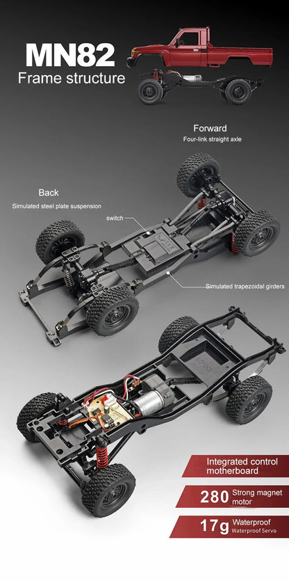 De ZWN MN82S 1:12 RC Toyota Land Cruiser in donkergrijs met zwarte bumper en grote terreinbanden, klaar voor off-road avonturen op stenen terrein. Off