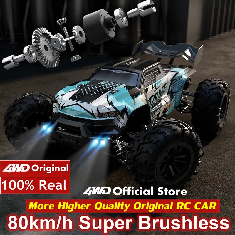 Een 1:16 schaal RC monstertruck in zwart, roze en wit, met grote terreinbanden en blauwe LED-verlichting, rijdt krachtig over modderig terrein. Geschi