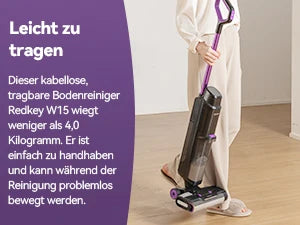 De Redkey W15 stofzuiger in zwart en paars, met zichtbare waterreservoirs en digitale display, geschikt voor efficiënte vloer- en tapijtverzorging in 