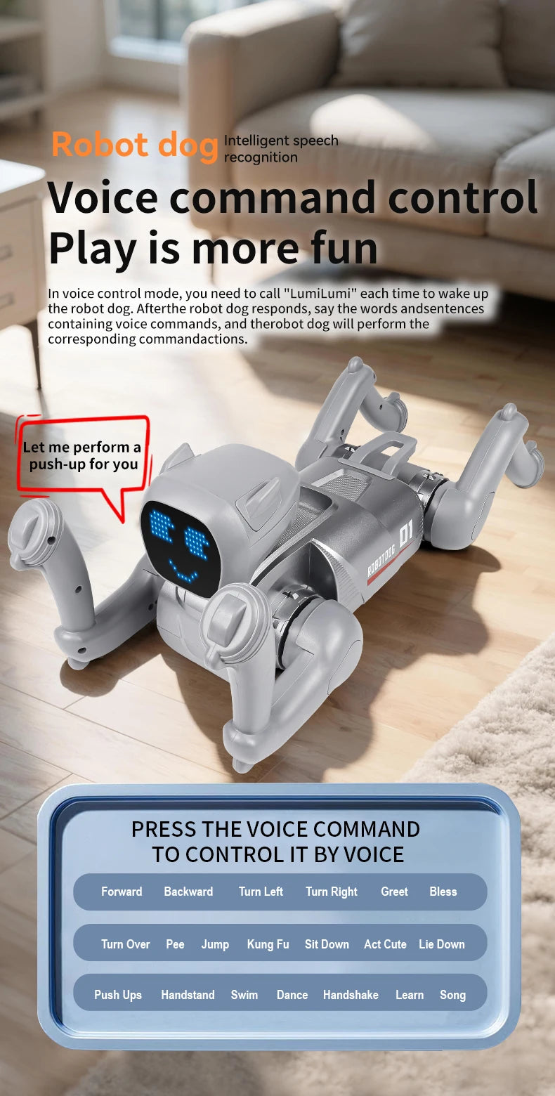 ZWN X1 AI Smart Robot Dog, zilverkleurig met blauwe LED-gezicht, speelt muziek en danst. Geschikt voor kinderen en hobbyisten, met Bluetooth en app-co