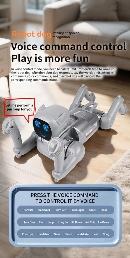 ZWN X1 AI Smart Robot Dog, zilverkleurig met blauwe LED-gezicht, speelt muziek en danst. Geschikt voor kinderen en hobbyisten, met Bluetooth en app-co