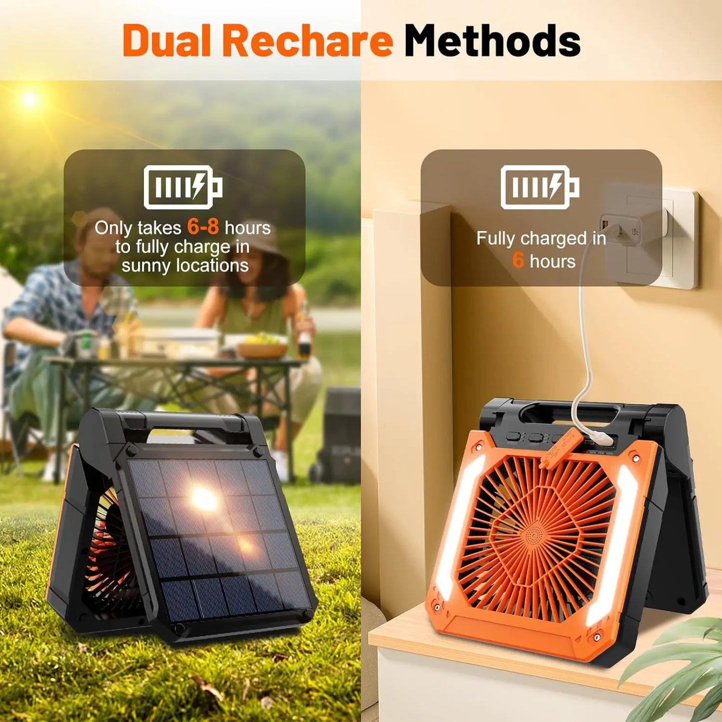 Groene draagbare ventilator met LED-verlichting en zonne-energiepaneel, uitgerust met USB-poorten en 20000mAh accu voor mobiele apparaten en outdoor-g