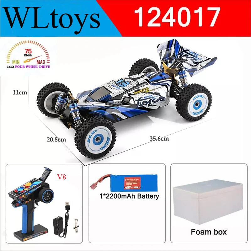 Een WLtoys 1:12 schaalmodel 4WD RC-raceauto met blauw-wit camouflage, zichtbare schokdempers en rubberen banden, geschikt voor speelplein of binnenrui