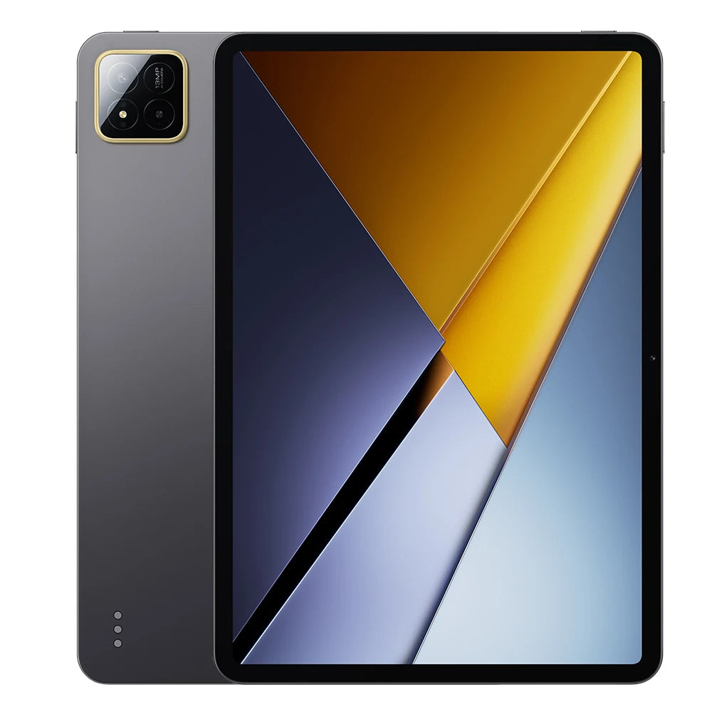 De POCO Pad X1 tablet in donkergrijs met goudkleurige cameraomlijsting, voorzien van een kleurrijk scherm met abstracte geometrie. Ideaal voor gaming 