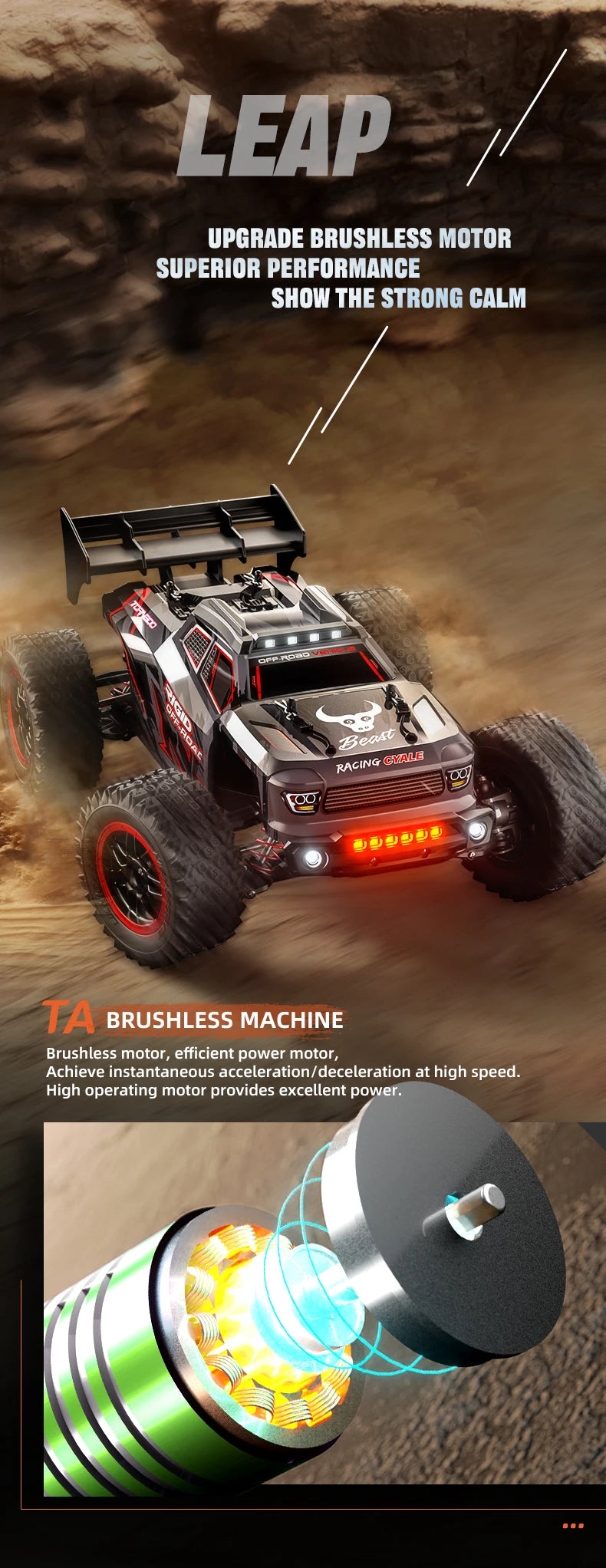 Zwart met rode accenten RC terreinwagen met grote banden en LED-verlichting, inclusief stuur, batterijen en opbergzak voor off-road speelplezier. Gesc