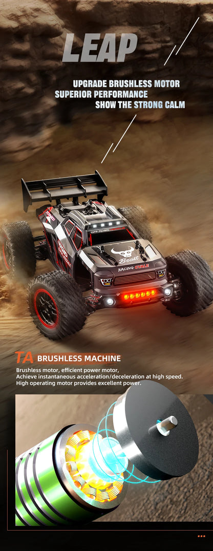 Zwart met rode accenten RC terreinwagen met grote banden en LED-verlichting, inclusief stuur, batterijen en opbergzak voor off-road speelplezier. Gesc