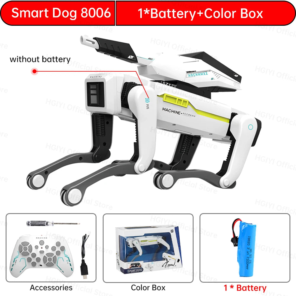 De witte 2.4G RC Smart Dog met groene accenten en zwarte poten, uitgerust met Bluetooth en een afstandsbediening, is een slimme speelgoedhond voor kin