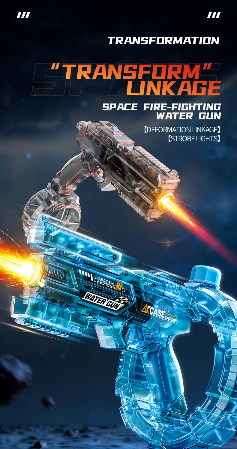 De elektrische waterpistool Shark MK-1 heeft een transparante, futuristische constructie met een donkerblauwe greep en een opvallende oranje uitlaat. 