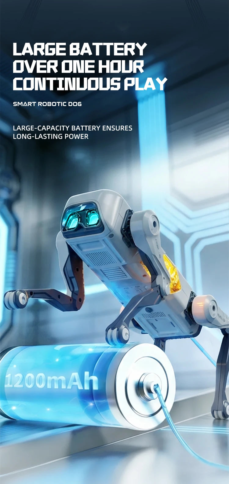 Een witte, mechanische hondrobot met blauwe oogleden en een gele 'ATLAS'-plaat, uitgerust met een afstandsbediening voor kinderen. Ideaal als speelgoe