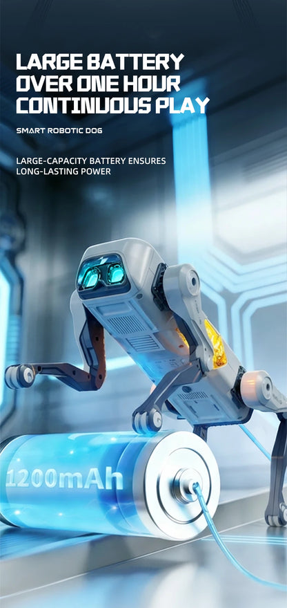 Een witte, mechanische hondrobot met blauwe oogleden en een gele 'ATLAS'-plaat, uitgerust met een afstandsbediening voor kinderen. Ideaal als speelgoe