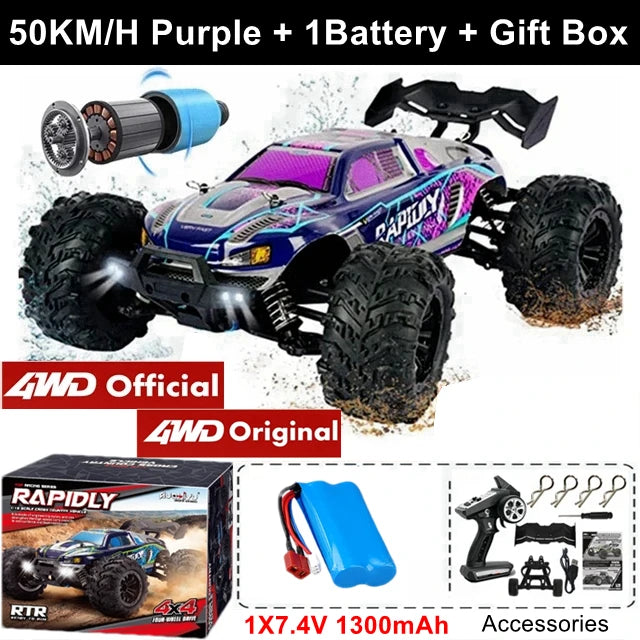 Zwart en roze RC monstertruck met grote terreinbanden en blauwe LED-verlichting, in actie op modderig terrein. Geschikt voor extreme off-road races en