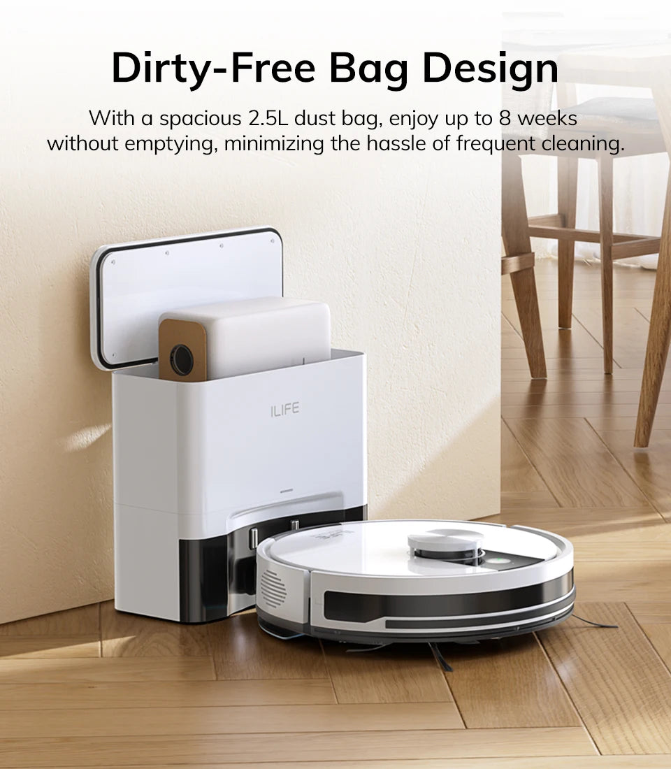 De witte ILIFE robotstofzuiger met zwart accent en bijbehorende lader, klaar voor slimme stofzuiging via app. Ideaal voor dagelijkse huishoudelijke re