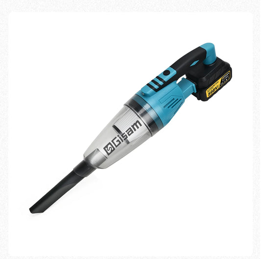 De Gisam draadloze stofzuiger in blauw-zwart, met lithium-ion batterij en diverse accessoires, is krachtig voor het schoonmaken van vloeren en meubila