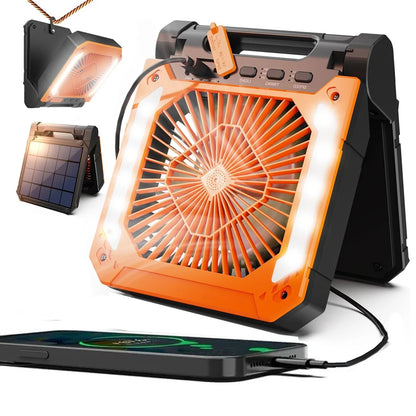 Groene draagbare ventilator met LED-verlichting en zonnepaneel, uitgerust met USB-poorten en 20000mAh accu voor outdoor-gebruik en mobiele oplading. -