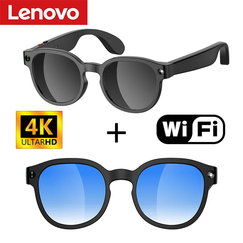 Zwart Lenovo smartbril met 4K UltraHD display en Pixel HD camera, voorzien van AI-functies en kleurveranderende lenzen bij lichtexpositie, geschikt vo