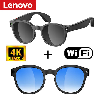 Zwart Lenovo smartbril met 4K UltraHD display en Pixel HD camera, voorzien van AI-functies en kleurveranderende lenzen bij lichtexpositie, geschikt vo