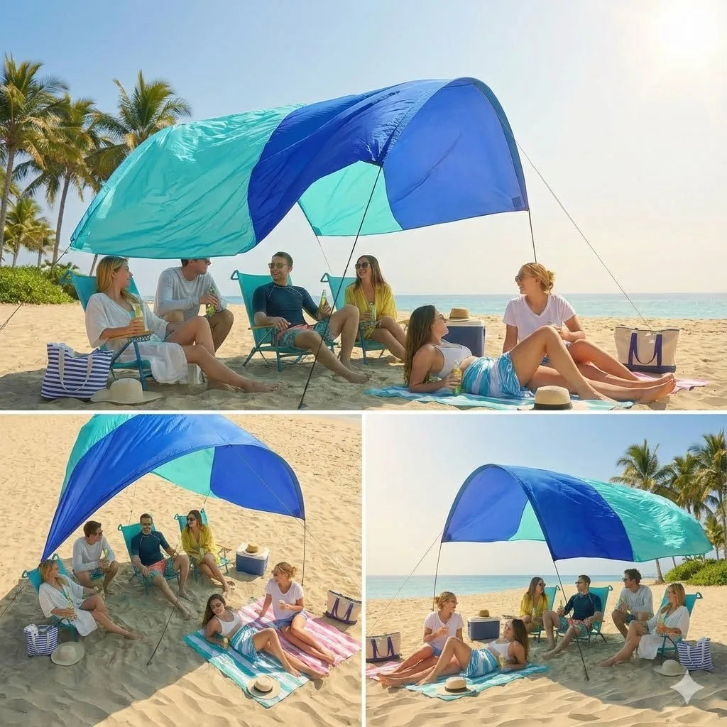Windbestendige strandparasol in blauw en turkoois, met zichtbare zitstoelen en koelbox op zand. Ideaal voor zonbescherming bij strandfeesten en zomerv