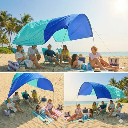 Windbestendige strandparasol in blauw en turkoois, met zichtbare zitstoelen en koelbox op zand. Ideaal voor zonbescherming bij strandfeesten en zomerv