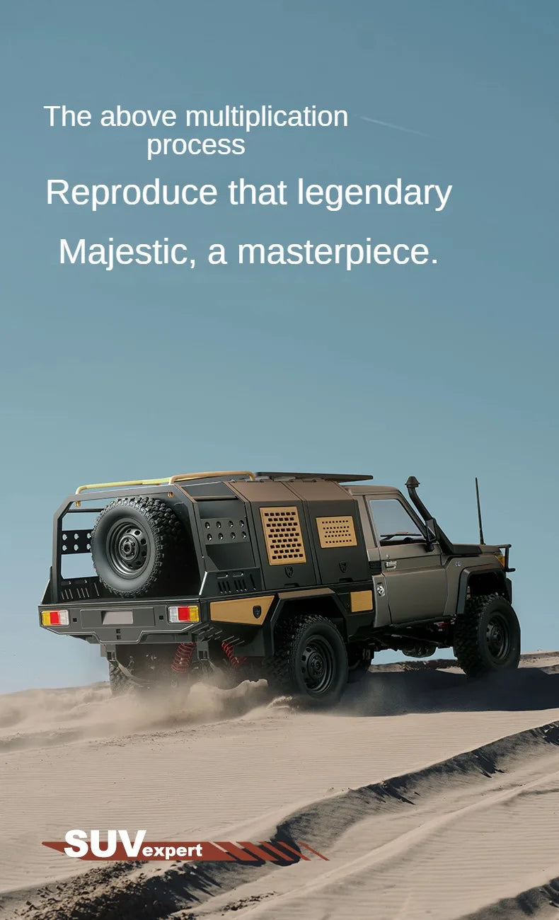 De ZWN MN82S 1:12 RC Toyota Land Cruiser in bruin, met grote terreinbanden en zichtbare antenne, staat op rotsen. Officieel licentieproduct voor terre