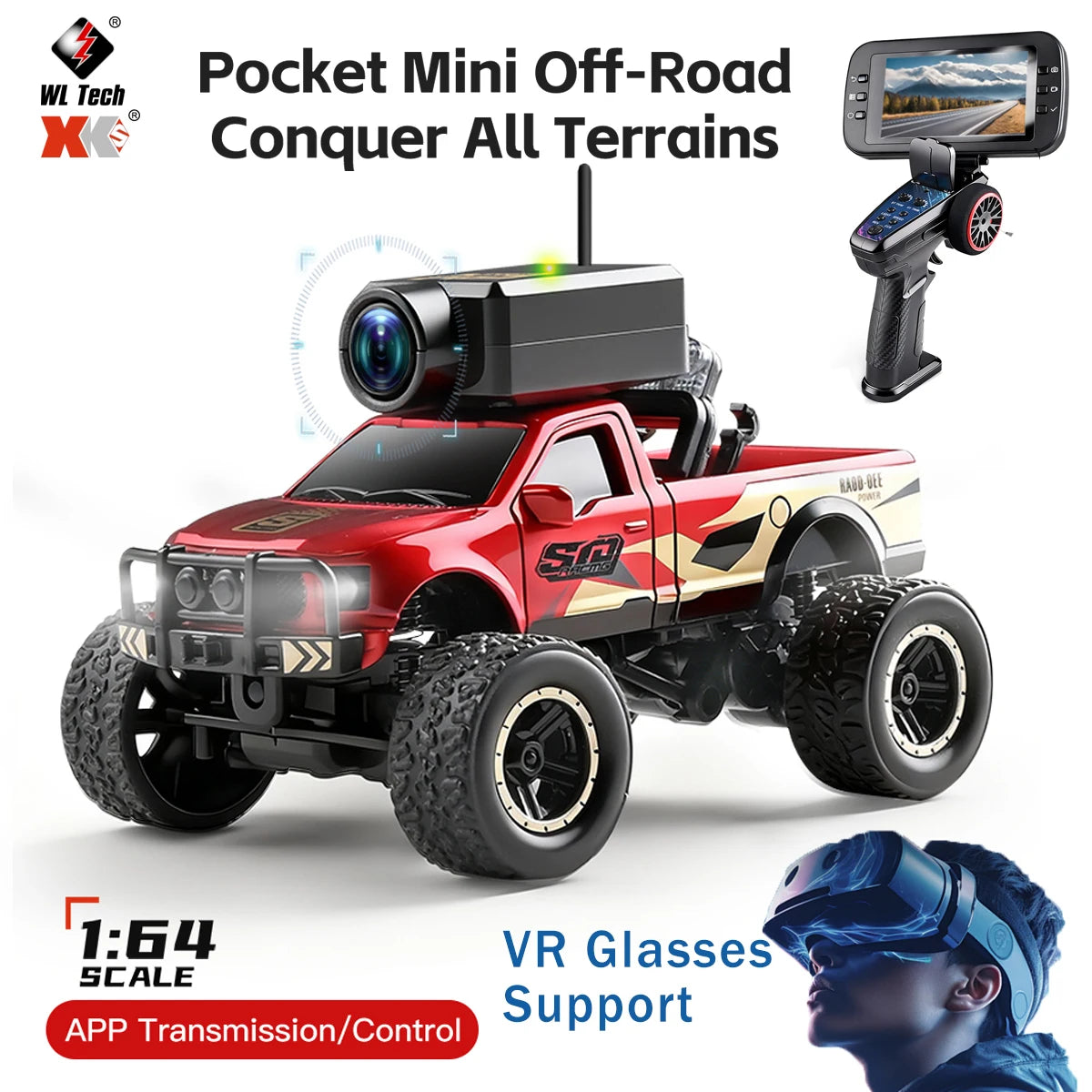 Rode 1:64 schaal RC off-road truck met camera en VR-bril ondersteuning, geschikt voor speelgoed- en racetoepassingen. Zichtbare zwarte banden, metaala