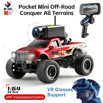 Rode 1:64 schaal RC off-road truck met camera en VR-bril ondersteuning, geschikt voor speelgoed- en racetoepassingen. Zichtbare zwarte banden, metaala