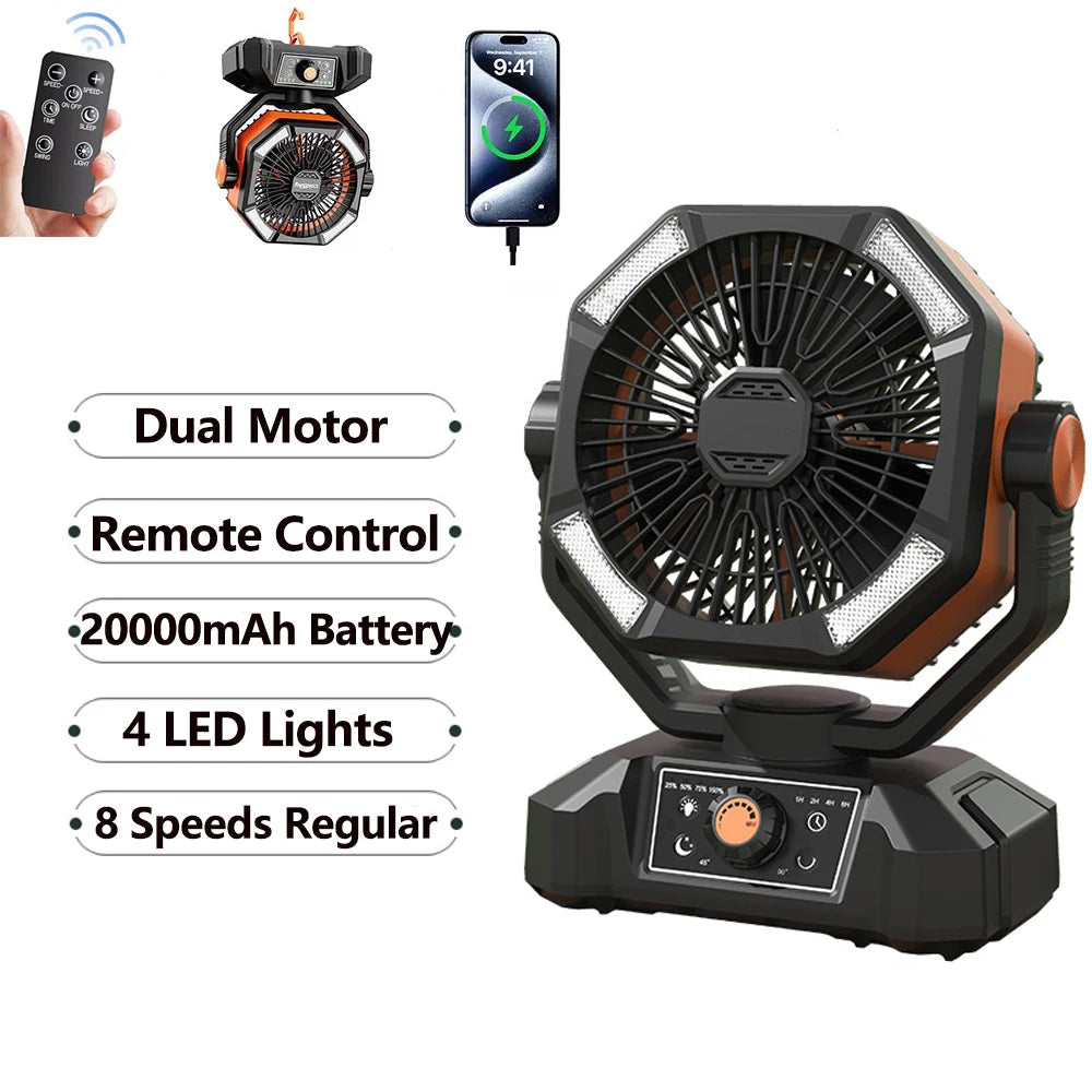 Zwart-oranje outdoor camping ventilator met 4 LED-verlichting en draaibare kop, uitgerust met slimme afstandsbediening voor gebruik op kampeerplaatsen