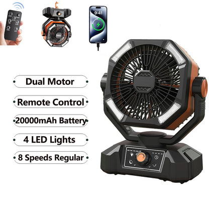 Zwart-oranje outdoor camping ventilator met 4 LED-verlichting en draaibare kop, uitgerust met slimme afstandsbediening voor gebruik op kampeerplaatsen