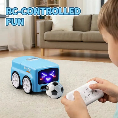 Mini bus met LED-display en witte wielen, in blauw en wit, bediend via afstandsbediening voor kinderen. Speelgoedbus met racestijl en draaibare wielen